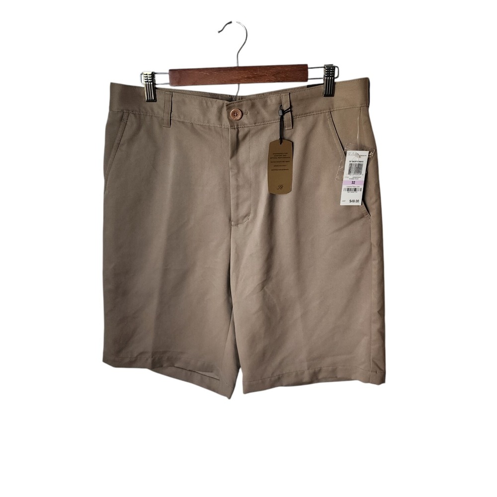 NWT Greg Norman Mens Performance Short Flat Front Washed Khaki Size 32 MSRP $49